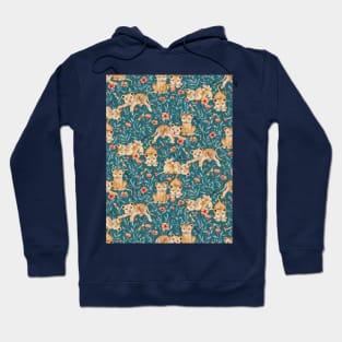 Lion Cub Pairs and Poppies on Deep Teal Hoodie